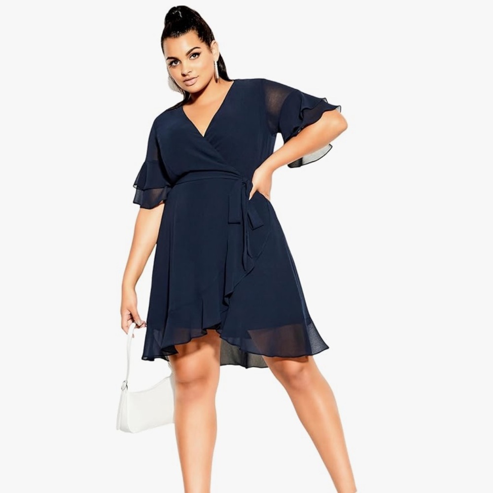 City Chic Navy‎ Flutter Frill Dress 24 NEW